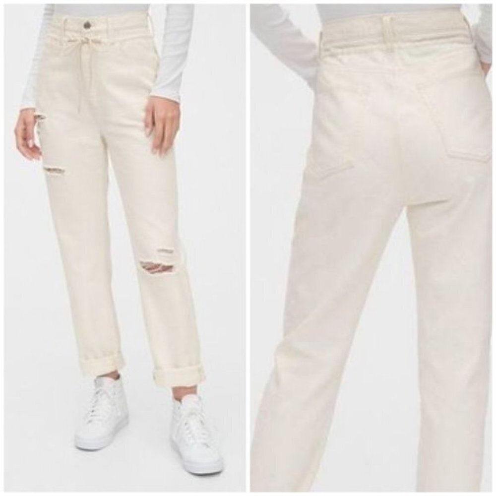 NWT Gap Boyfriend Draw Cord High Rise Distressed Jeans Paperbag Off White Sz 31P